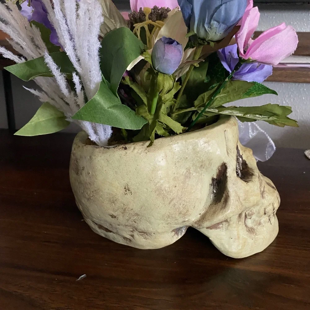 Charming Skull Vase with Rhinestone Eyes and Faux Florals